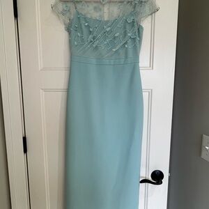 Theia Floral Sheer Trim Desirae Draped Column Gown Sea Breeze Size 4 $895